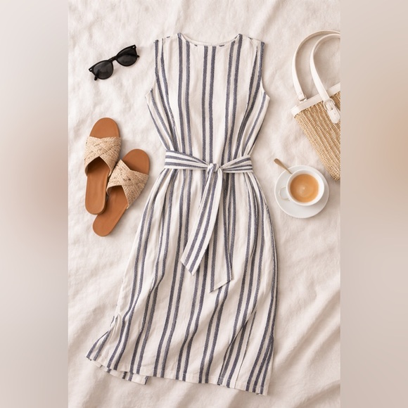 LOFT Textured Stripe Midi Dress Small Neutral Sleeveless Tie Waist - Picture 2 of 10